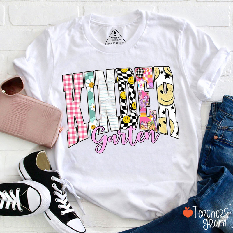 Personalized Grade Plaid Checkerboard Smiley Face Flowers Teacher T-Shirt