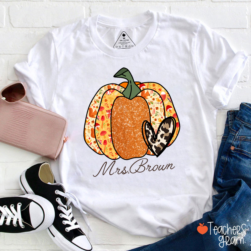 Personalized Name Golden Pumpkin Leopard Heart Teacher T-Shirt