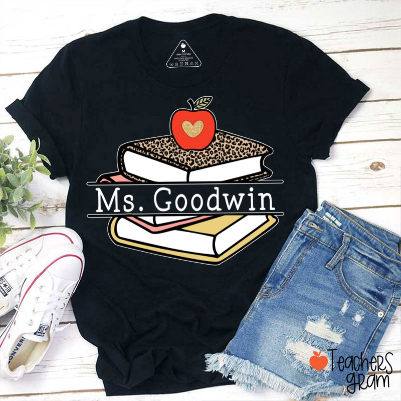 Personalized Leopard Print Stacked Books Teacher T-Shirt