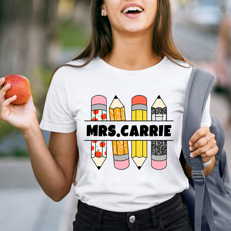 Personalized Colorful Cartoon Pencils Teacher T-Shirt