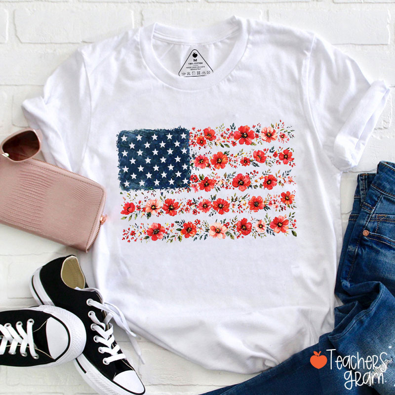 American Flag Wild Flower Teacher T-Shirt