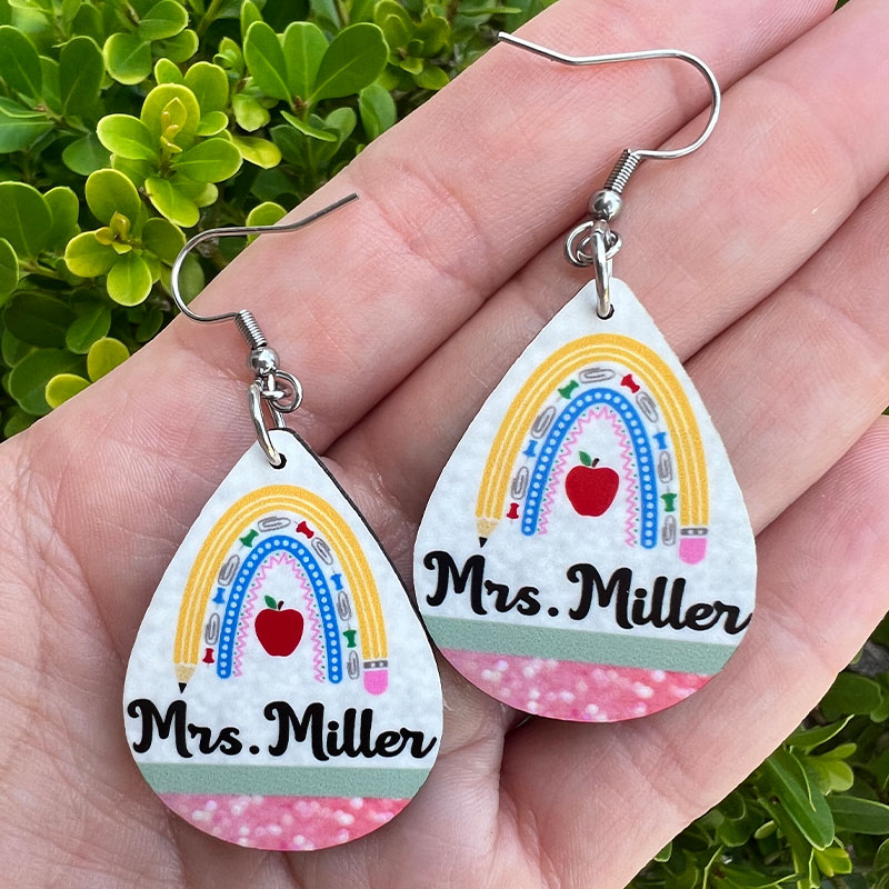 Personalized Rainbow Pencil Teacher Wooden Earrings