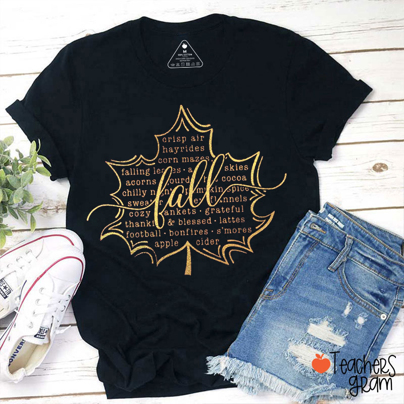 Fall Words On Leaf Autumn Teacher T-Shirt