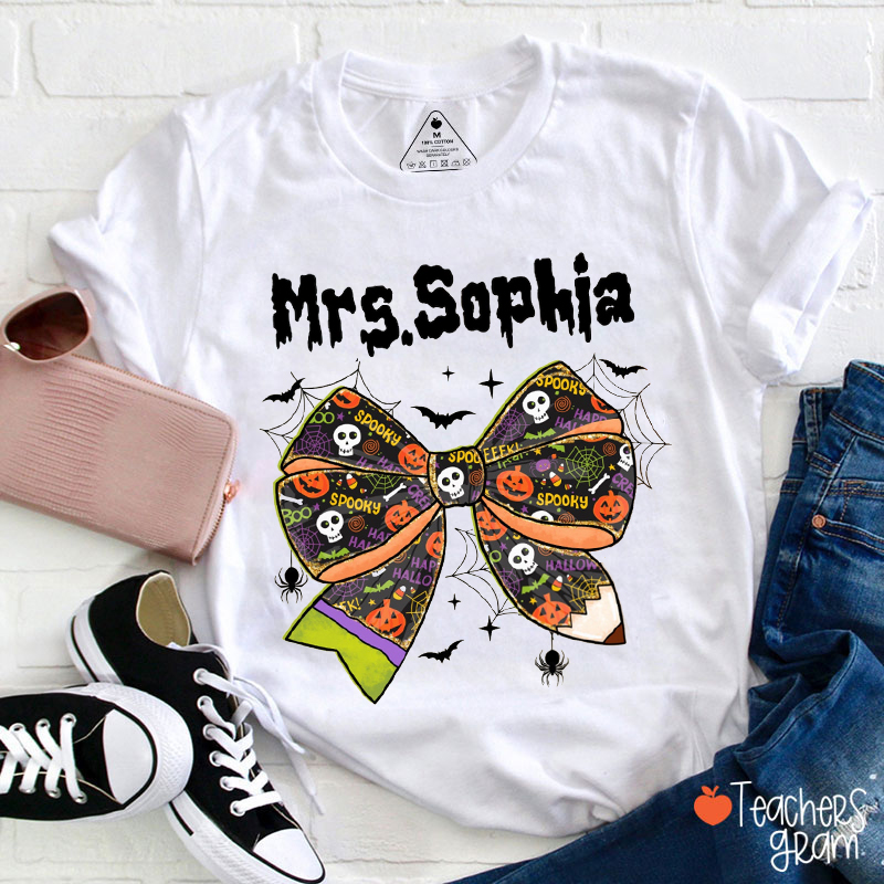 Personalized Name Skull Pumpkin Bow Teacher T-Shirt