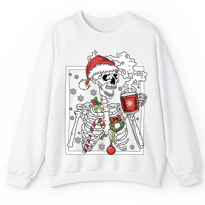 Skeleton With Smiling Skull Drinking Coffee Latte Teacher Sweatshirt