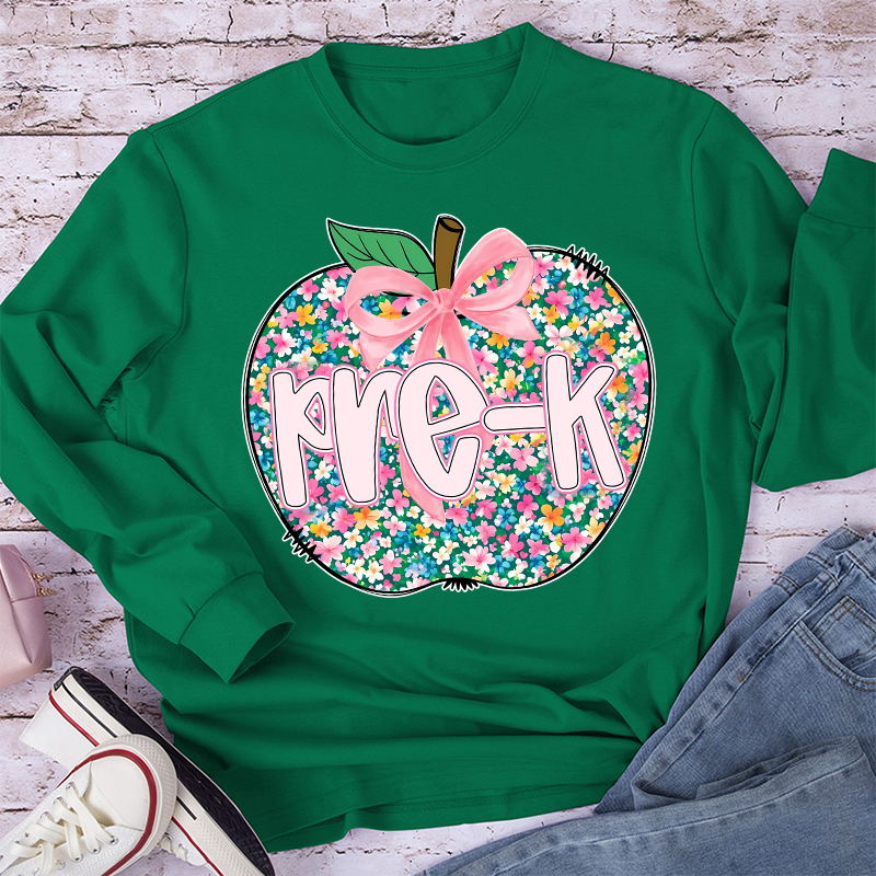 Personalized Grade Flowers Apple Teacher Long Sleeve T-Shirt