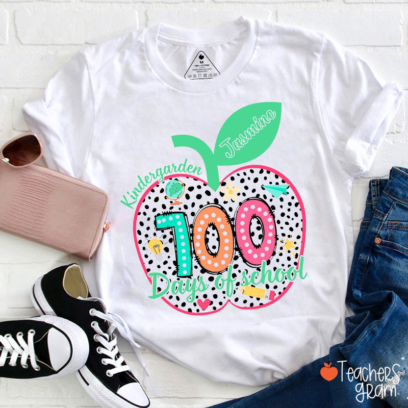 Personalized Grade And Name Apple 100 Days Of School Teacher T-Shirt