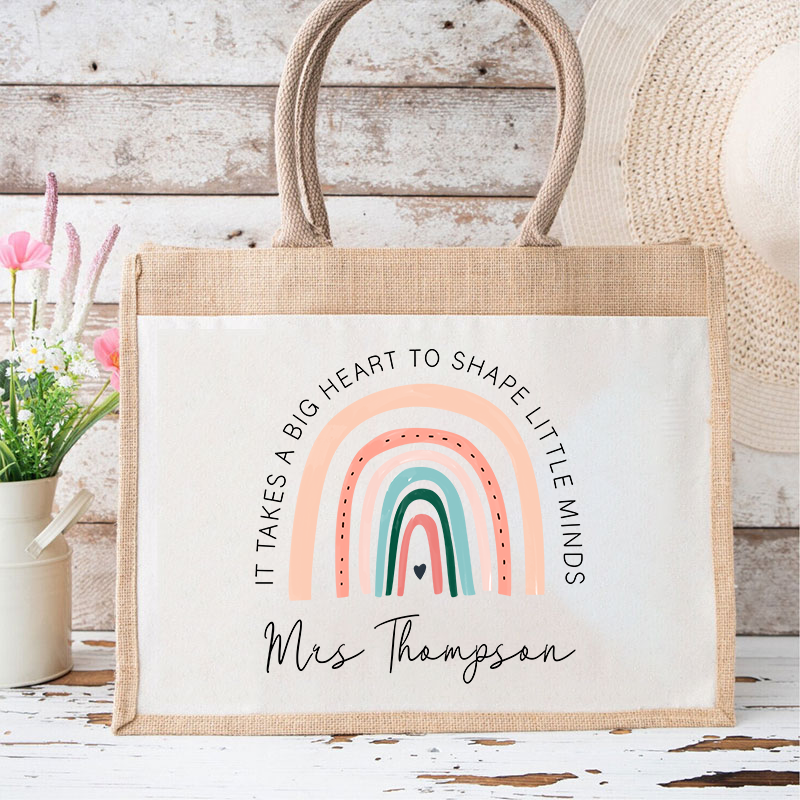 Personalized It Takes A Big Heart To Shape Little Minds Teacher Jute Lunch Bag