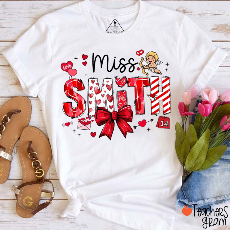Personalized Coquette Bow Cupid Teacher T-Shirt