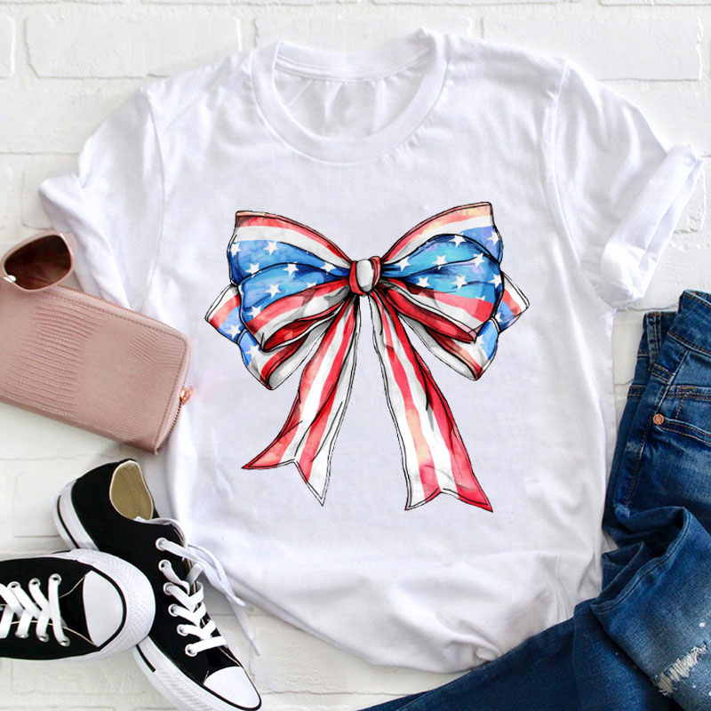 Coquette Bow American Flag Teacher T-Shirt