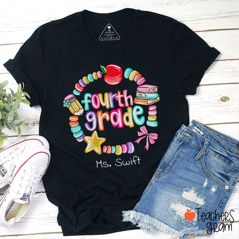 Personalized Grade Name Pencil Book Apple Star Bow Teacher T-Shirt