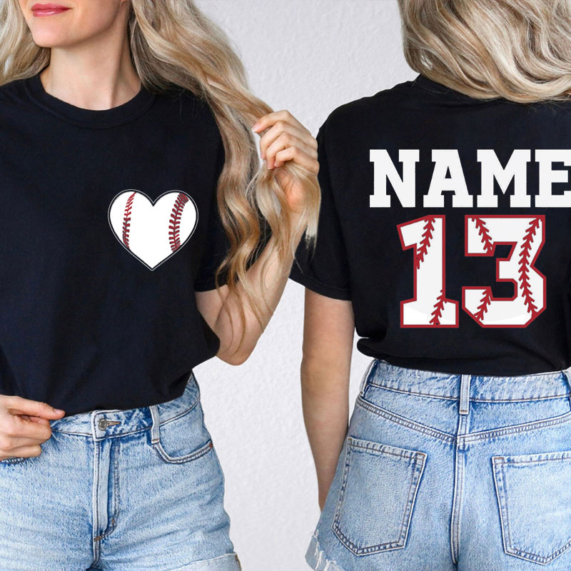 Personalized Baseball Heart Name And Number Teacher Two Sided T-Shirt