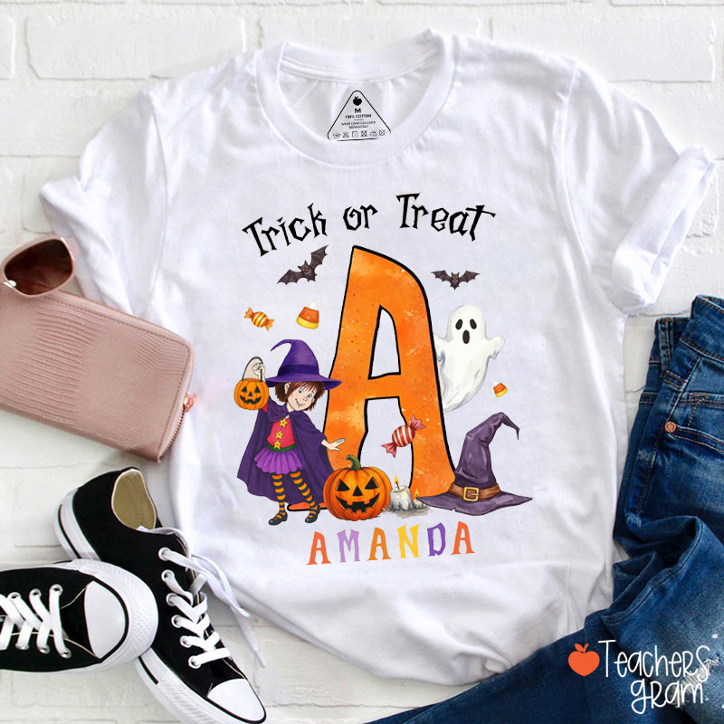 Personalized Name And Initial Trick Or Treat Teacher T-Shirt