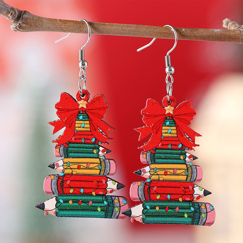 Bow Pencil Christmas Tree Teacher Wooden Earrings