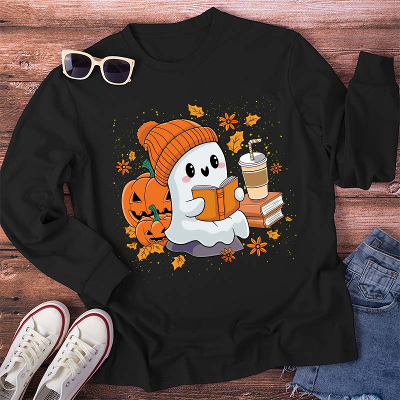 Reading Ghost Pumpkin Halloween Teacher Long Sleeve T-Shirt