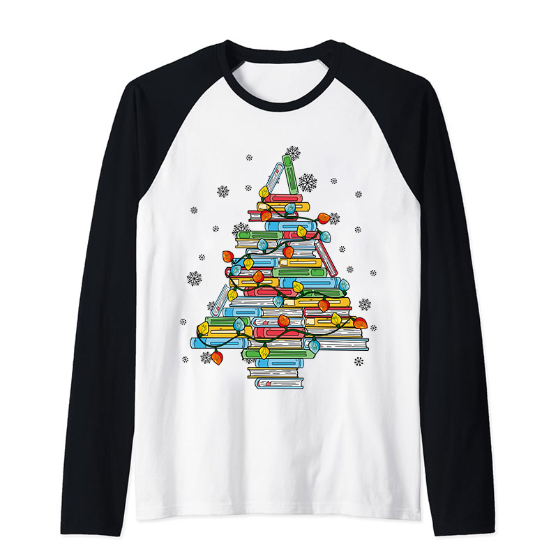 Christmas Books Tree Teacher Raglan Long Sleeve T-Shirt