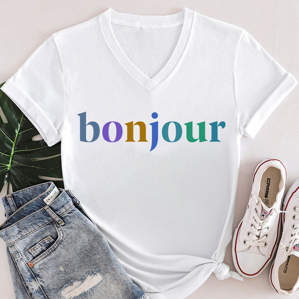 Bonjour French Teacher Female V-Neck T-Shirt