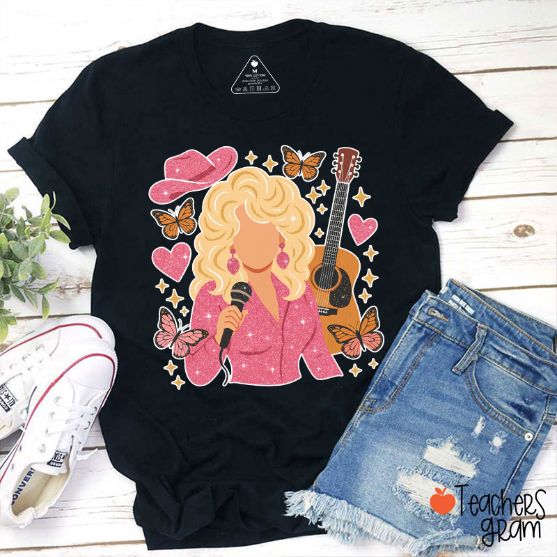 Vintage Glitter Cowgirl Singer Portrait Butterfly Heart Guitar Teacher T-Shirt