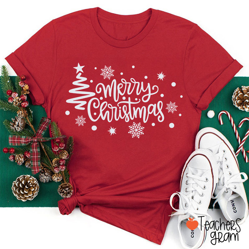 Merry Christmas Snowflakes And Tree Teacher T-Shirt
