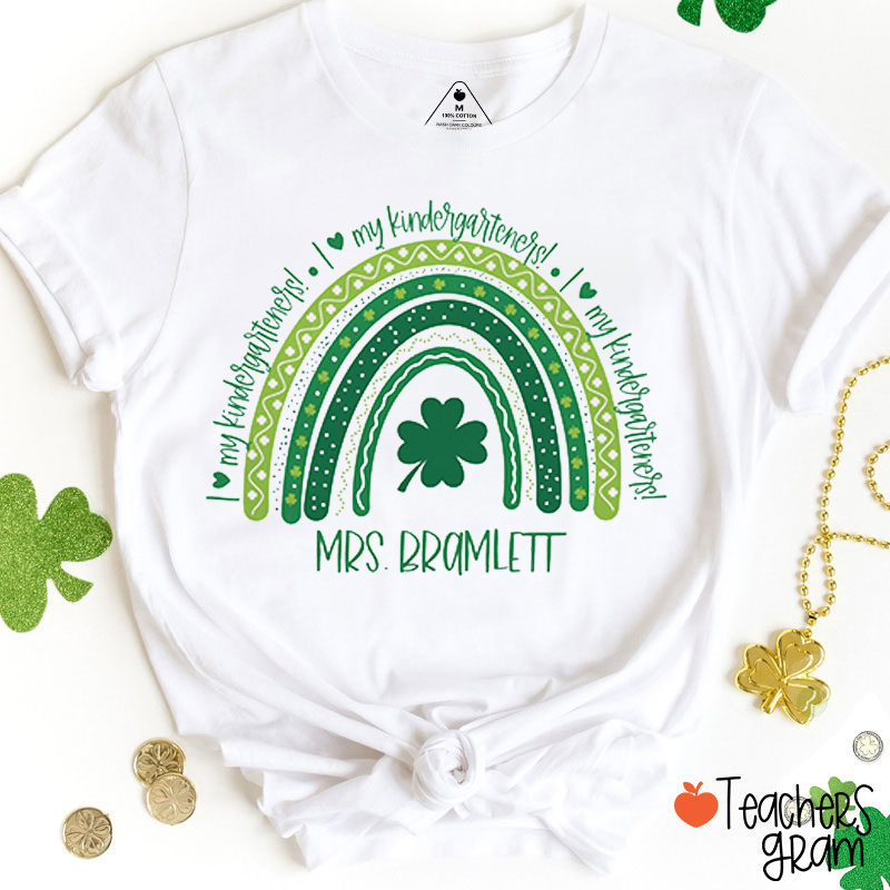 Personalized Name And Grade Rainbow Shamrock Teacher T-Shirt