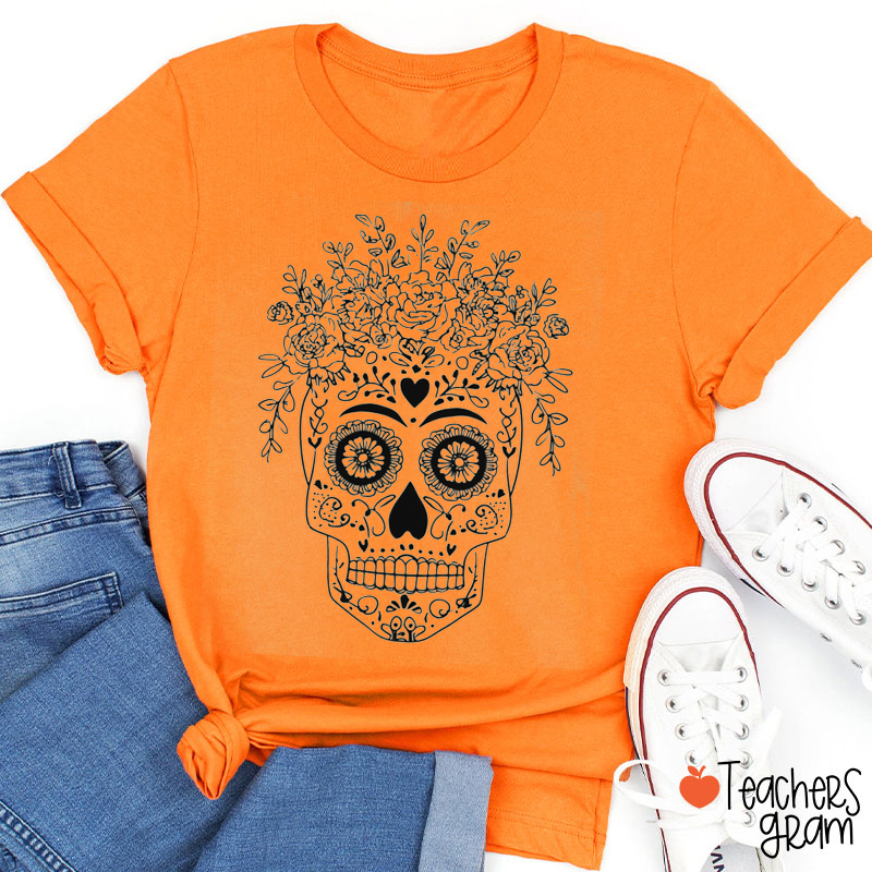 Flower Skull Halloween Teacher T-Shirt