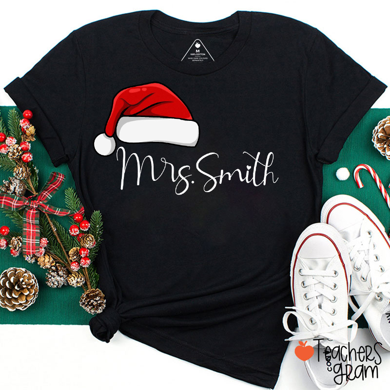 Personalized Name Santa Hat Christmas Teacher T-Shirt