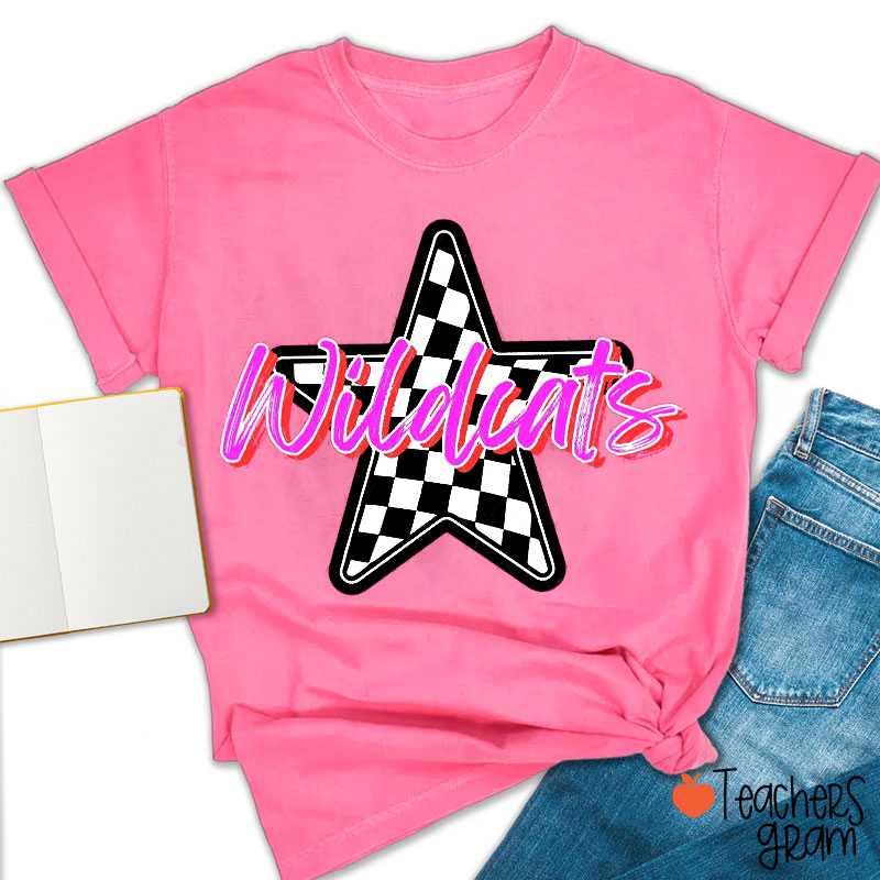 Personalized Mascot Star Checkered Teacher T-Shirt