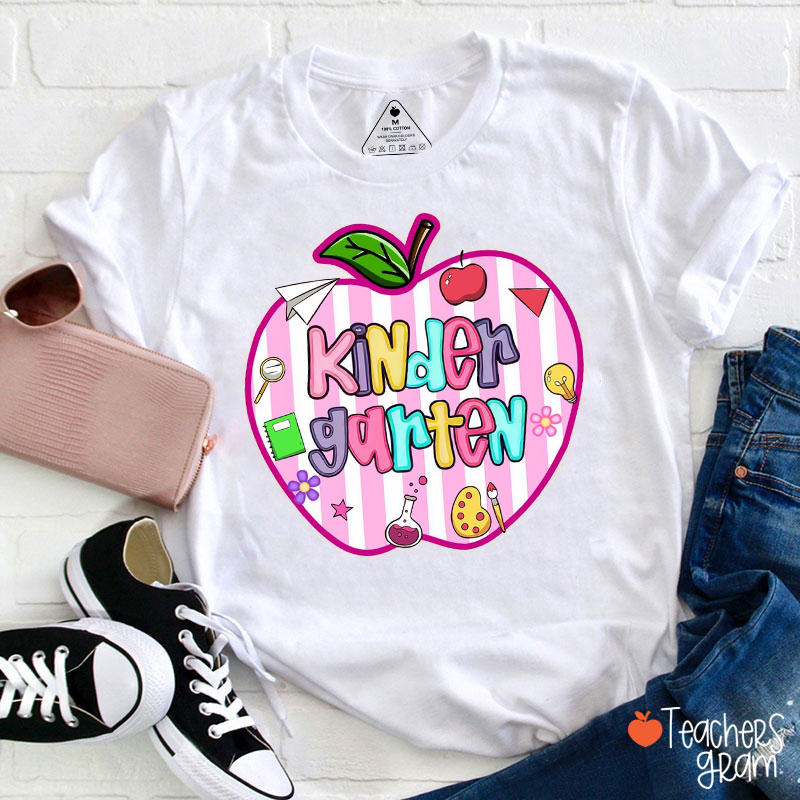Personalized Grade Pink Stripes Apple Teacher T-Shirt