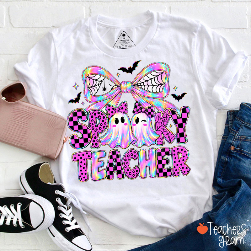 Neon Coquette Bow Ghost Spooky Teacher T-Shirt