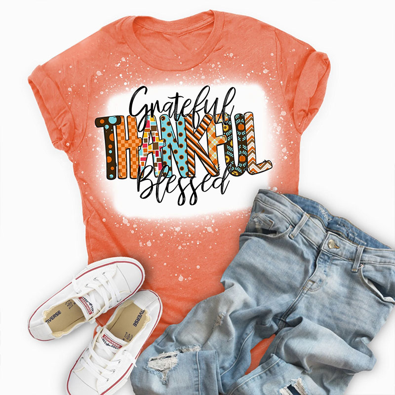 Grateful Thankful Blessed Bleached Fall Teacher Printed T-Shirt