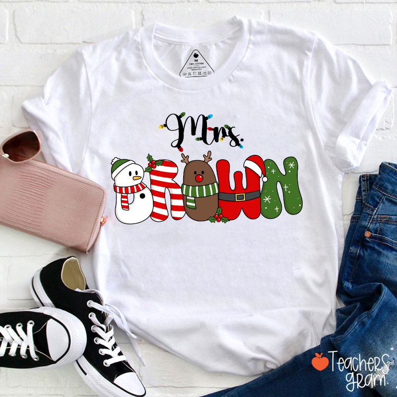 Personalized Name Cute Christmas Element Font Teacher T-Shirt