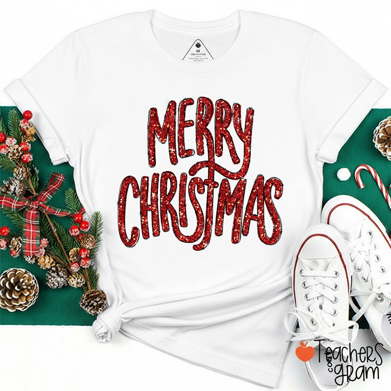 Glitter Merry Christmas Teacher T-Shirt