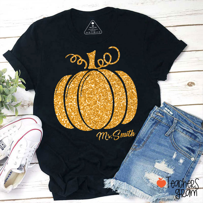 Personalized Name Glitter Pumpkin Teacher T-Shirt