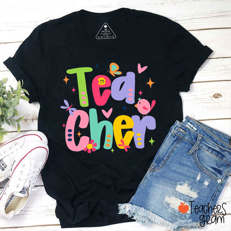 Personalized Grade Or Text Cute Flowers Birds Butterflies Teacher T-Shirt