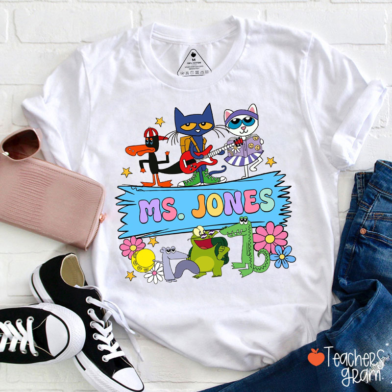 Personalized Name Blue Cat Cartoon Characters Teacher T-Shirt