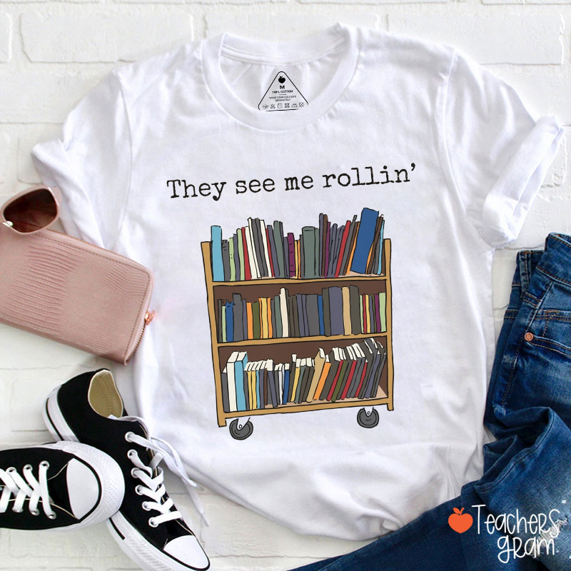 Rolling Bookcase Teacher T-Shirt