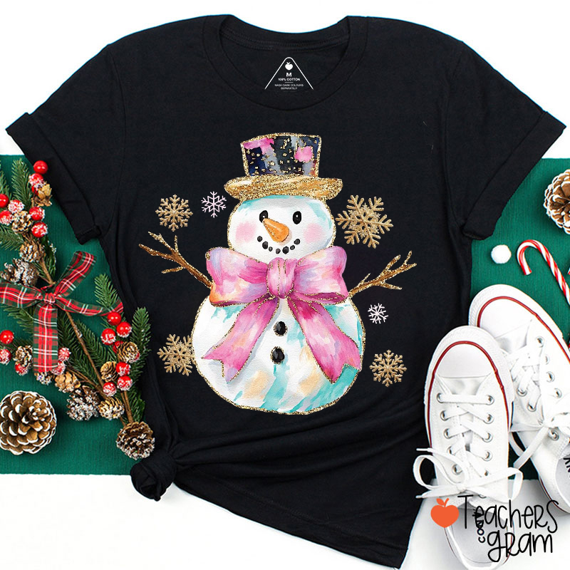 Glitter Bow Snowman Teacher T-Shirt