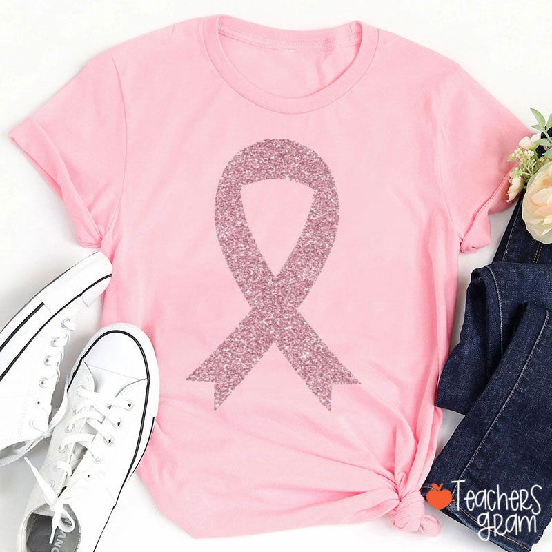 Pink Glitter Ribbon Teacher T-Shirt