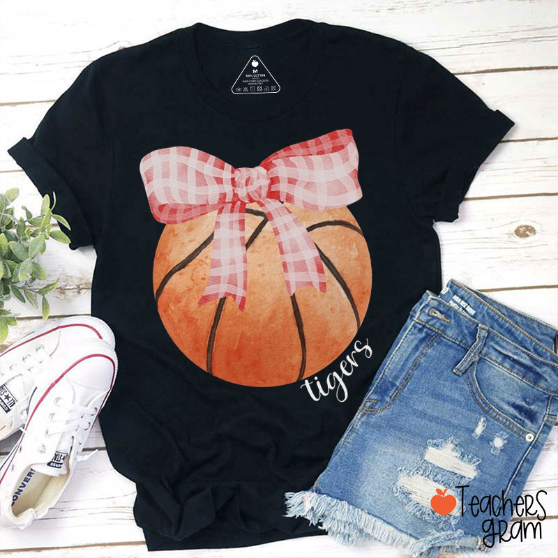 Personalized Mascot Coquette Checkered Bow Sport Teacher T-Shirt
