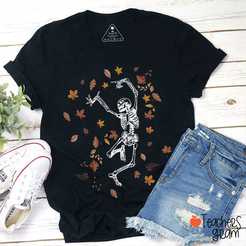 Fallen Leaves Dancing Skeleton Halloween Teacher T-Shirt