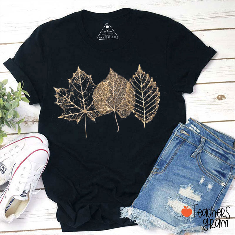 Glitter Golden Hollow Leaves Teacher T-Shirt