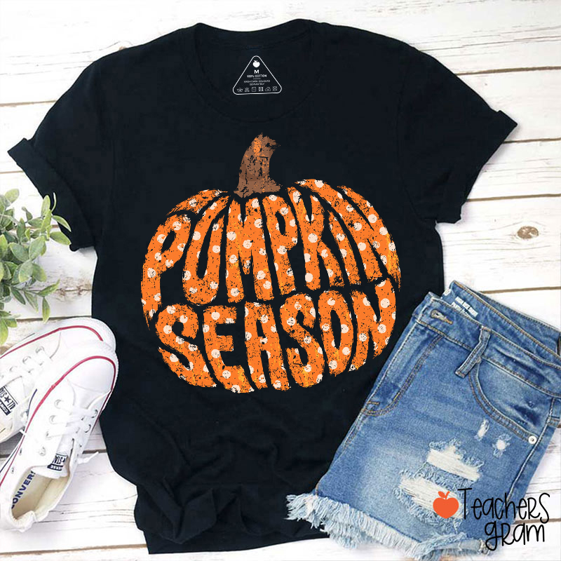 Vintage Polka Dot Pumpkin Season Fall Teacher T-Shirt