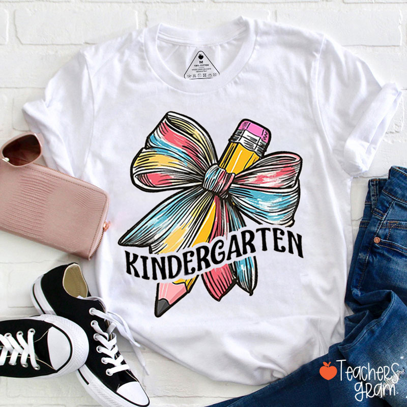 Personalized Grade Colored Bow Pencil Teacher T-Shirt