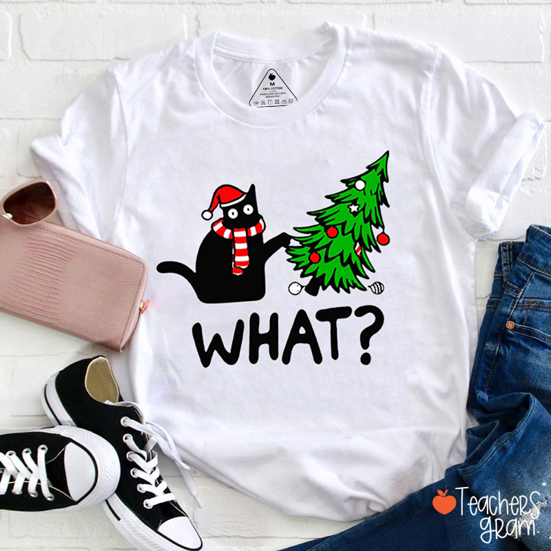Cat Pushes Christmas Tree Teacher T-Shirt