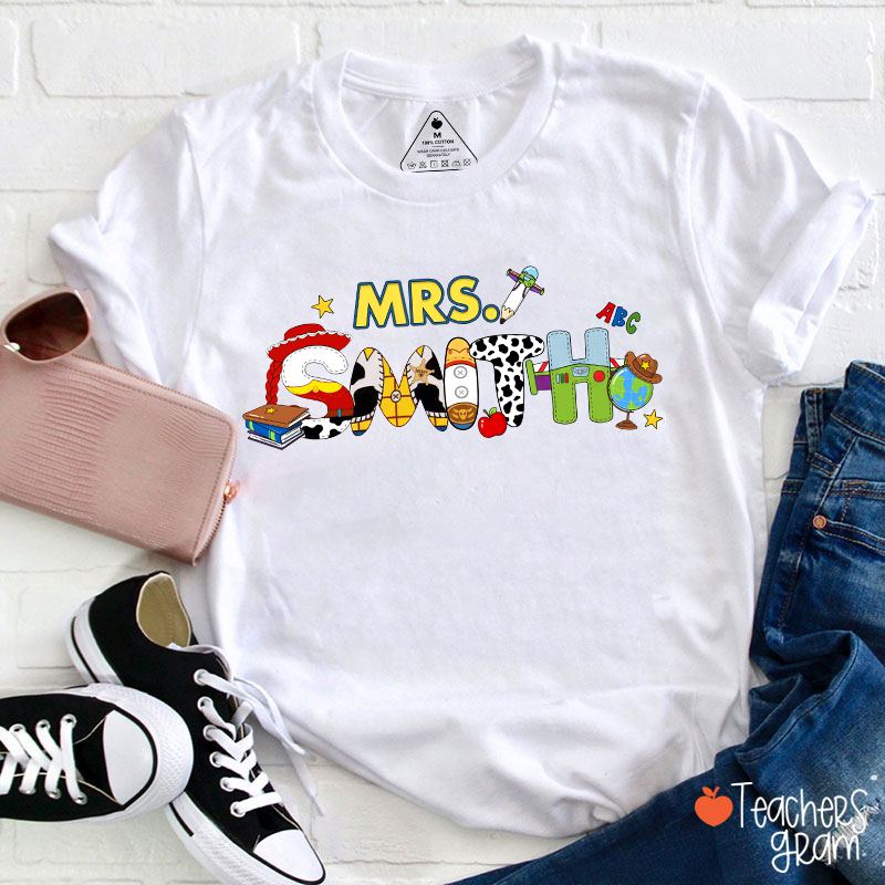 Personalized Name Colorful Toy Doodle Teacher T-Shirt