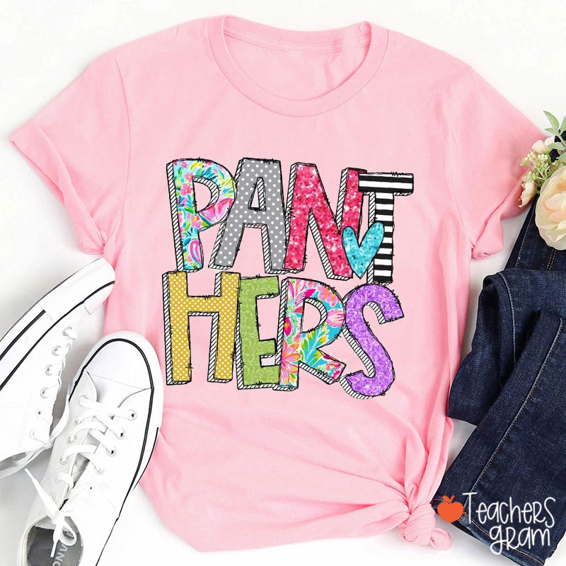 Personalized Mascot Flower Dot Love Heart Glitter Print Teacher T-Shirt