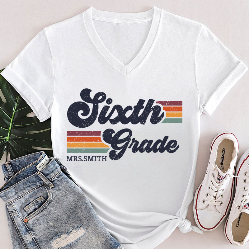 Personalized Grade And Name Retro Horizontal Stripes Teacher Female V-Neck T-Shirt