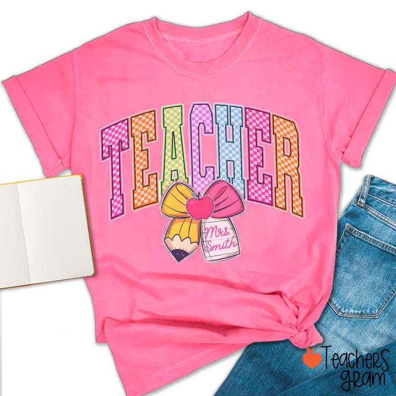 Personalized Name Grade Checkerboard Bow Pencil Apple Teacher T-Shirt