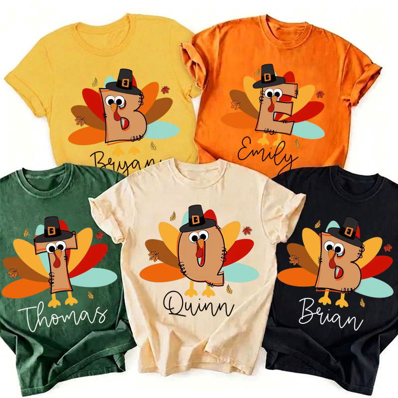 Personalized Name Turkey Letter Thanksgiving Teacher T-Shirt