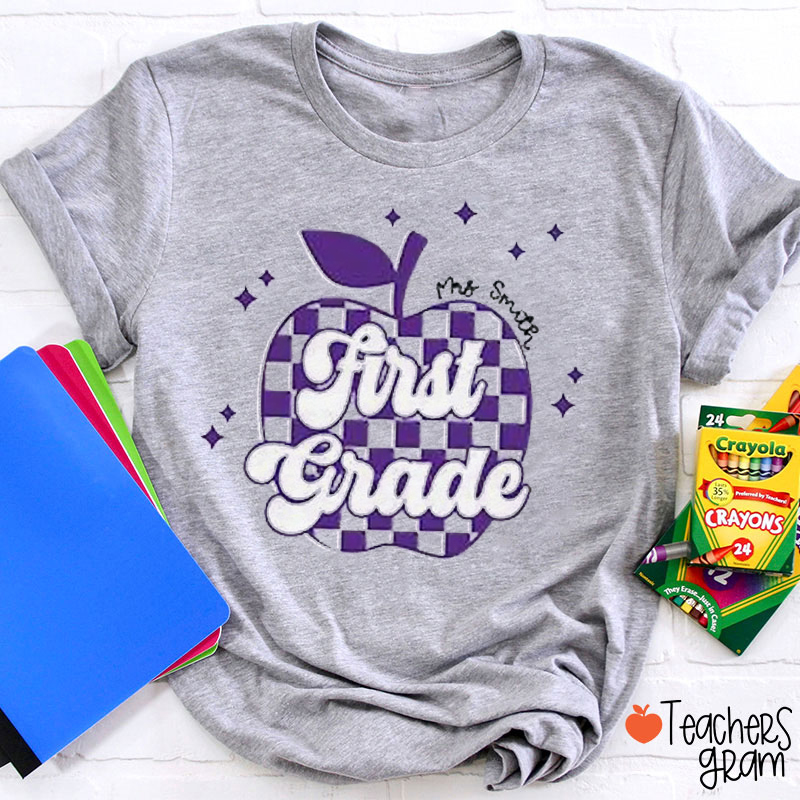 Personalized Mascot And School Name Checkered Apple Teacher T-Shirt